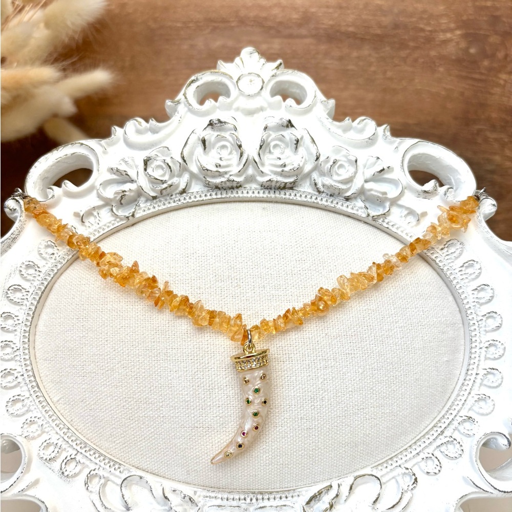 Yellow Necklace citrine beaded Gardgy Gold Pendant tusk horn Chain handmade